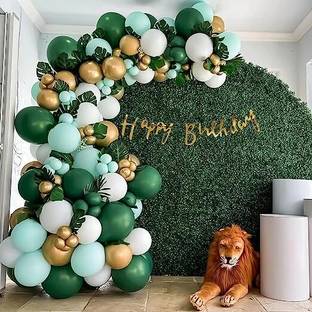 specialyou.in SpecialYou 68 pcs jungle theme happy birthday decoration items for boy with Green, White color and golden metallic balloons set & green leaves