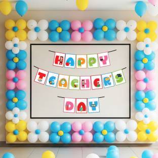 1iAM Multicolor Happy Teachers Day Decoration Items Pack of 62|1 Banner|60 Balloons for Tuition