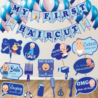 Xzotic Multicolor First Haircut Banner | Props | Balloons | Blue Theme | Set of 42 pcs