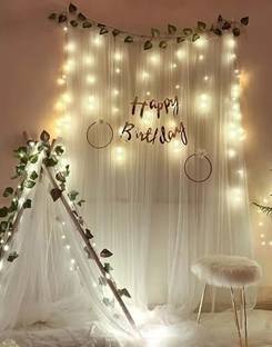 specialyou.in Ivory, Green Decoration for Bedroom with Ivory Curtain, Green Vines & Fairy Light
