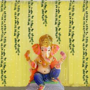 specialyou.in Special You Ganpati Decoration with Tulle Yellow net Curtain Cloth Backdrop Combo with LED Lights and Green vines for Decoration Items