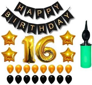 GLOBALPARTY Happy Birthday 16st Year Party Balloons Set(16 Gold Number Foil Balloon 30 Matelic Balloon+13 Latter Happy Birthday Banner 4 Gold Star Foil Balloons 1 Pump