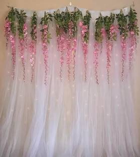 Fun and Flex Wisteria Flower Vines Backdrop Decoration Combo with White net and LED Light