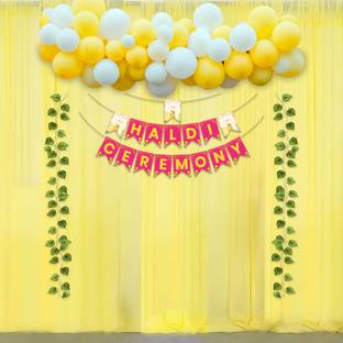 1iAM Solid Haldi Decoration Combo – Banner, 40 Balloons, Net Backdrop & Artificial Creeper Balloon