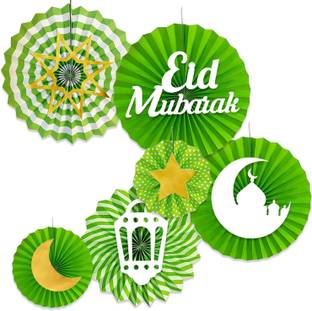 Rozi Decoration Green Eid Mubarak Hanging Paper Fan Decoration Items for Eid Party Decorations