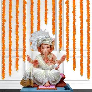 SSM Decorators Artificial Orange Marigold Garland for Door Toran Ganesh Chaturthi Decoration Fake Genda Phool Fluffy flowers for Diwali Decoration festive decor (Pack of 5)