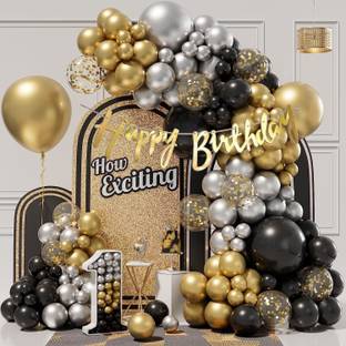 RP Bazaar Black, Golden, Silver Black Golden Silver Balloons, Happy Birthday Banner Decoration Kit Pack Of 40