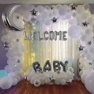 specialyou.in SpecialYou baby shower decoration items for welcome baby with white & silver balloons(12inch), silver foil balloons, net curtain, led light- 80 Pcs