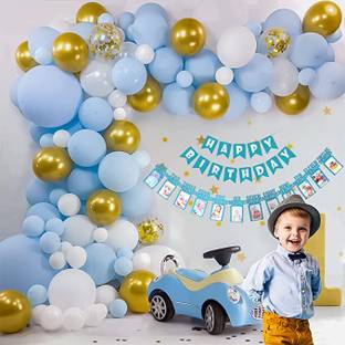 specialyou.in 1st Birthday decoration items, kit for boys with Pastel, Blue, White, Metallic gold Balloons, Blue HBD Balloon and Photo frame 12 month banner- 63 Pcs