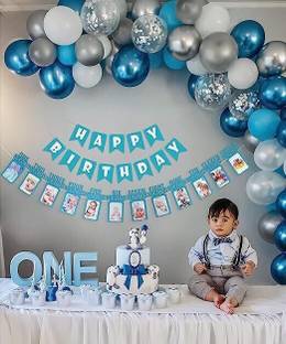 specialyou.in Special You One Year Baby Blue Happy Birthday Decoration Items for Boys with chrome and confetti balloons/ Blue HBD Banner with Monthly Banner- 63 Pcs