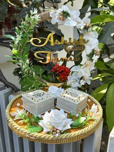 Creative Horizon Artificial Flower Design Engagement Ring Tray Platter, Name Plate with Date Wood, Plastic Decorative Platter