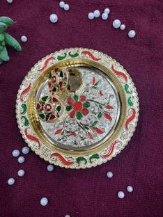 Nutts Flower Design Traditional Pooja Plater, Sindoor Dibbi for Rakhi Pack Of 1 Plastic Decorative Platter