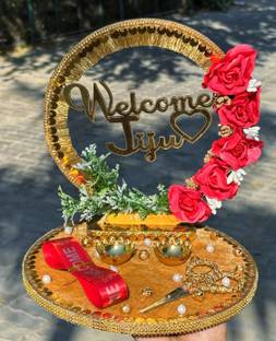 Creative Horizon Welcome Jiju Thali Platter Tray for Wedding Platter with Welcome Ribbon Wood Wood, Plastic Decorative Platter