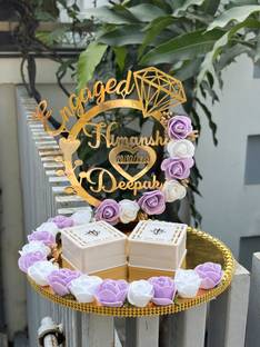 Creative Horizon Artificial Flower Design Engagement Ring Tray Platter, Name Plate with Date Wood, Plastic Decorative Platter