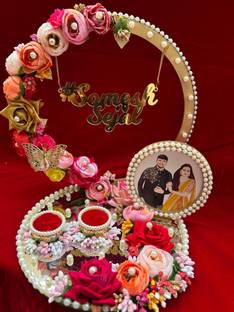 Mridang Customize Engagement Ring platter with beautiful Floral work Wood Decorative Platter