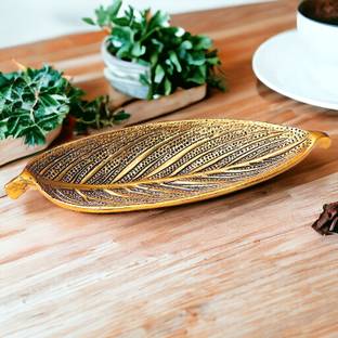 KridayKraft Hand Crafted Metal Leaf Shape Tray with Collectible Art Aluminium Decorative Platter
