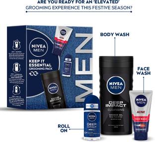 Nivea Men Combo, Gift Hamper for Men, With Body Wash, Face Wash & Roll On, Cleanser Deo Deodorant Roll-on  -  For Men