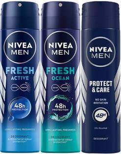 NIVEA MEN Deodorant Combo, Fresh Active, Fresh Ocean, Protect & Care, 150 ml each Deodorant Spray  -  For Men