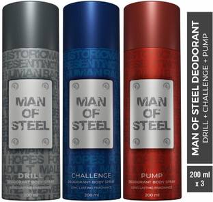 Man of Steel Combo of Drill + Challenge + Pump Long lasting Deodorant Spray  -  For Men