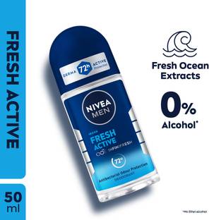 Nivea Men Fresh Active, Antibacterial 72h Protection, 0% Alcohol, Fresh Ocean Extracts Deodorant Roll-on  -  For Men