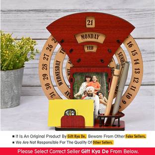 GIFT KYA DE 2 Compartments Wooden Desk / Table Calendar to Lifetime Infinite Calendar 2025 with Desk Organizer with photo frame for Office / Home, Bamboo