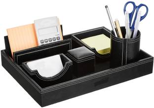 DeskDock 6 Compartments Genuine Leather Black Multipurpose Desk Organizer 6-in-1 Desktop Set Pen Stand with Mobile Holder & Remote Stand for Office Desk Table Storage Box