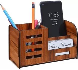SAMWAX 3 Compartments Wooden Pen Stand With Visiting Card & Mobile Holder For Office Table Organizer Wooden Pen / Pencil Stand With Visiting Card & Mobile Holder For Desk Organizers