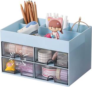 HOUSE OF QUIRK 8 Compartments Plastic Desk Organiser with Drawer Multifunctional Desk Organizer- 21DX14.5WX12.5H Cm