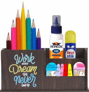 Craftzo 3 Compartments Premium Wood Finish UV Printed Pen Stand / Pen Holder / Mobile Holder / Visiting Card Holder