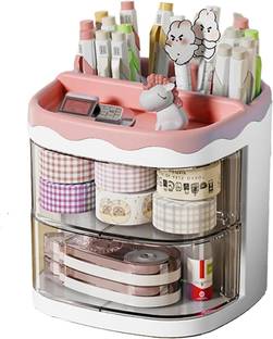 HOUSE OF QUIRK 4 Compartments Plastic Stationery Storage Box With Rotating Drawer Pen Holder Desktop -11X11X11.5 Cm
