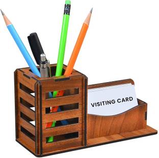 YOGI SELLING 2 Compartments Unique Wooden Pen / Pencil Stand Box With Business & Visiting Card Holder Stand Desk Organizer Pen & Pencil Stand For Office Table With Visiting Card Holder Box