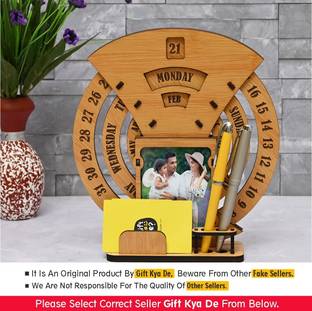 GIFT KYA DE 2 Compartments Wooden Desk / Table Calendar to Lifetime Infinite Calendar 2025 with Desk Organizer for Office, Home, Calendar, Photo Frame, Pen Stand, Card Holder