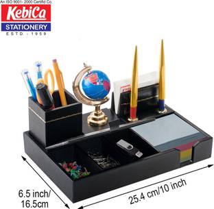 Kebica 5 Compartments Faux Leather leather Pen Stand with Globe & 1 Pen