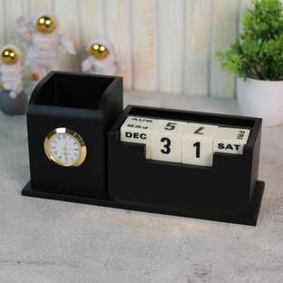 Satvat 2 Compartments Engineered Wood Pen stand With Clock & Calendar, Visiting Card , Mobile Holder, Wooden Pen & Pencil Stand For Office &Study Table Decor.