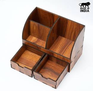GENIYO 5 Compartments Wooden Desk Organizer for Home Study Table | Office Table, Pencil/pen Mobile Holder Stand with 2 Drawer