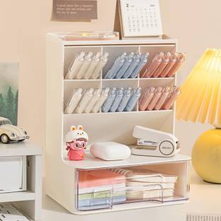 NISHIV 8 Compartments Plastic Desk Organiser with Drawer, Versatile Pen Holder, Pen Holder Desk
