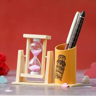 ZenCrafts 1 Compartments Wooden Pen Stand With Sand Clock