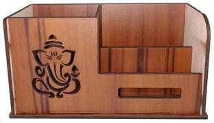 SAMWAX 3 Compartments Wooden Pen Stand With Visiting Card & Mobile Holder