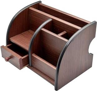 DGBMART 6 Compartments Polished Wooden Pen Stand, Drawer, Mobile Holder & Remote Stand for Office Desk