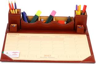 RASPER 7 Compartments 2025 Brown Leather Desk Planner With Paper Memo Mobile Card Holder Desktop Stationery Organizer Multipurpose Pen Stand For Office Table Top Desk Organizer