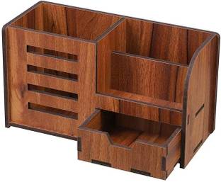 Satvat 4 Compartments Multi-Functional Wooden Desk Organiser, Pen Stand/Pencil Stand with Drawer, Stationery Stand for Office and Students use - Mobile Holder for Desk