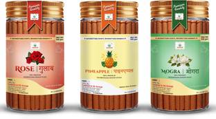 GODSUN Premium Rose, Pineapple, Mogra Dry Dhoop Sticks Jar (3×100)300gm. Dhoop