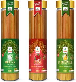 GODSUN Mogra, Rose, Pineapple Agarbatti Jar (3×100)300gm. 0% Charcoal Incense sticks Dhoop