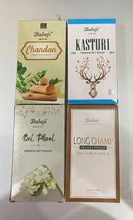 BALAJI AGARBATTI Premium Dhoop (Bel Phool, Long Champ, Kasturi, Chandan) Pack of 4, 10 units each Woody Dhoop