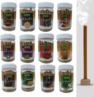 vidhan Dhoop Sticks Premium Jar 12 x100Gm | No Bamboo | No Charcoal (12 Flavours) Musk, Floral, Jasmine, Rose, Tulsi, Sandal, Guggul, Frankincense, Wild Berry, Orchid, Woody Dhoop