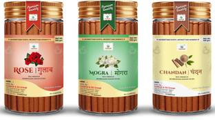 GODSUN Premium Rose, Mogra, Chandan, Dry Dhoop Sticks Jar (3×100)300gm Dhoop Batti Dhoop