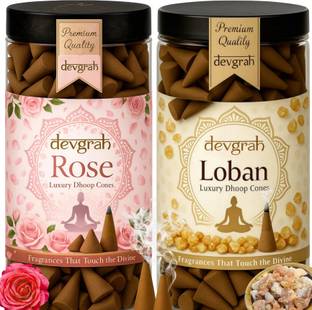Devgrah Rose & Loban Dhoop Cone(100g Each) Charcoal-free| Handmade Incense Cone - Rose, Sandal Dhoop