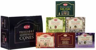 Hem Precious 6 Variant Assorted Incense Dhoop Cones | Precious Chandan, Patchouli, Rose, Jasmine, Musk, Lavender Dhoop