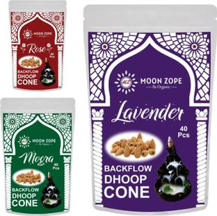 MOON ZOPE Backflow Incense cone, Backflow Cone for Smoke Fountain Burner 120 Pcs, Mogra, Rose, Lavender Dhoop