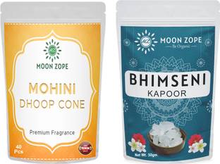 MOON ZOPE Pure Camphor, Shudh Desi Kapoor 50 gm, Incense Cone 40 Pcs Dhoop